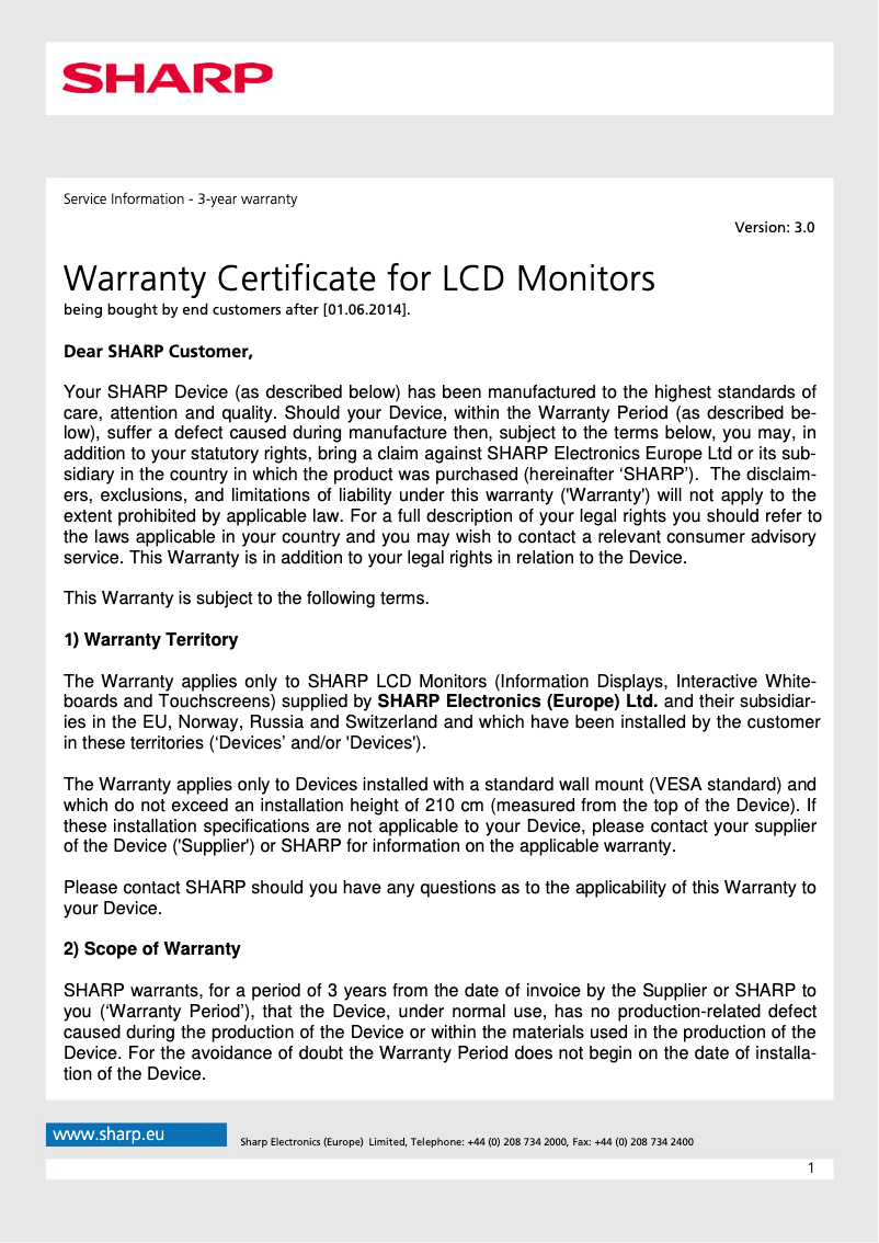 Page 1 de la notice Informations de garantie Sharp PN-HY501
