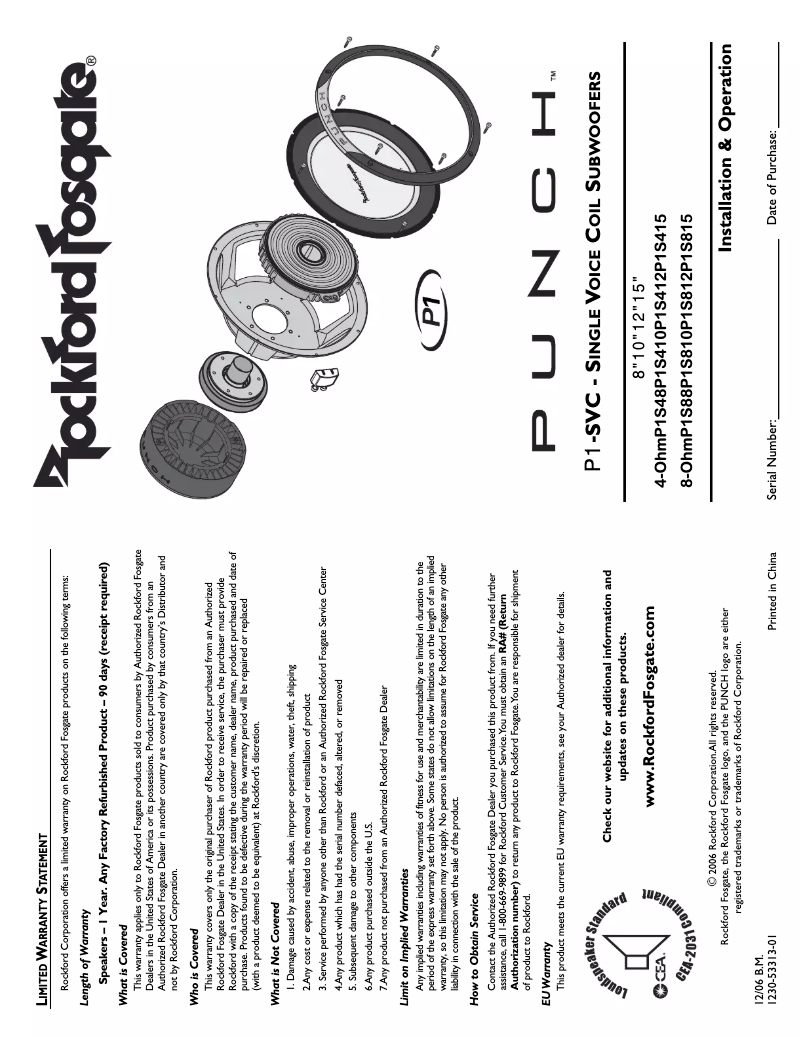 Page n°1 - Manuel utilisateur Rockford Fosgate Punch P1S410