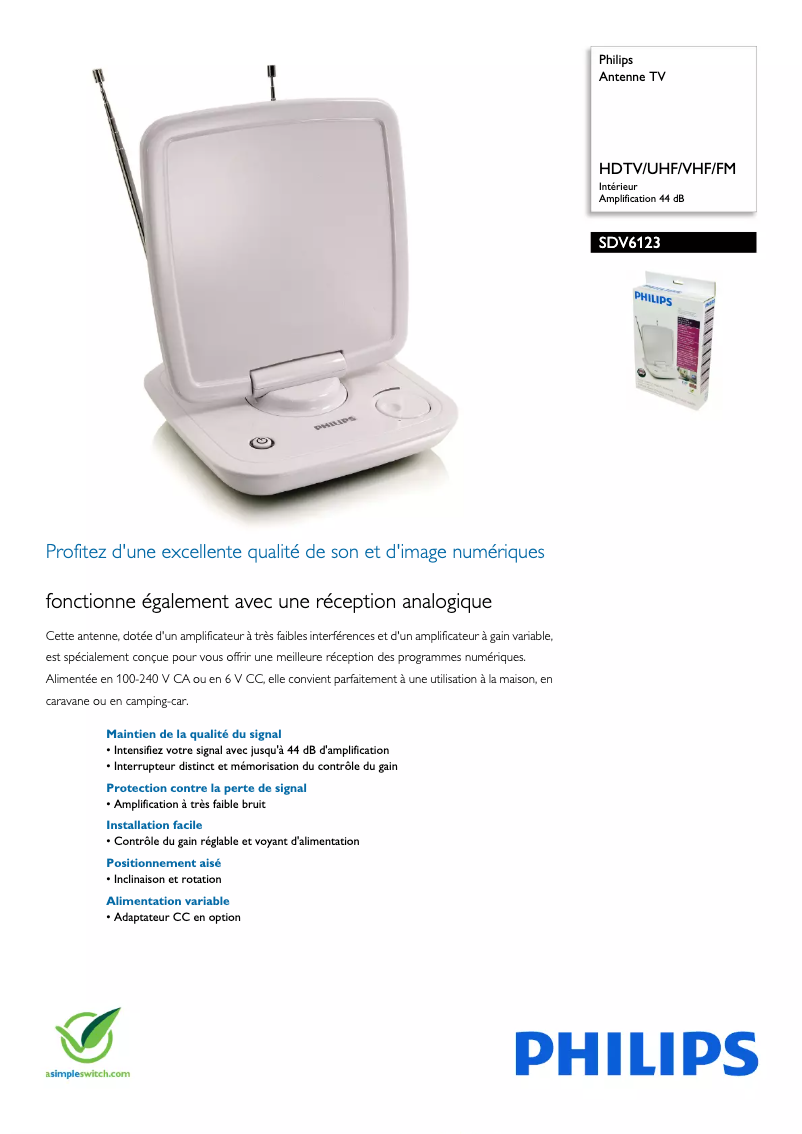 Page 1 de la notice Fiche technique Philips SDV6123