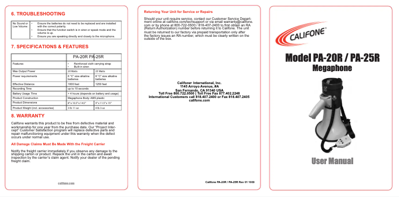 Page 1 de la notice Manuel utilisateur Califone PA20R