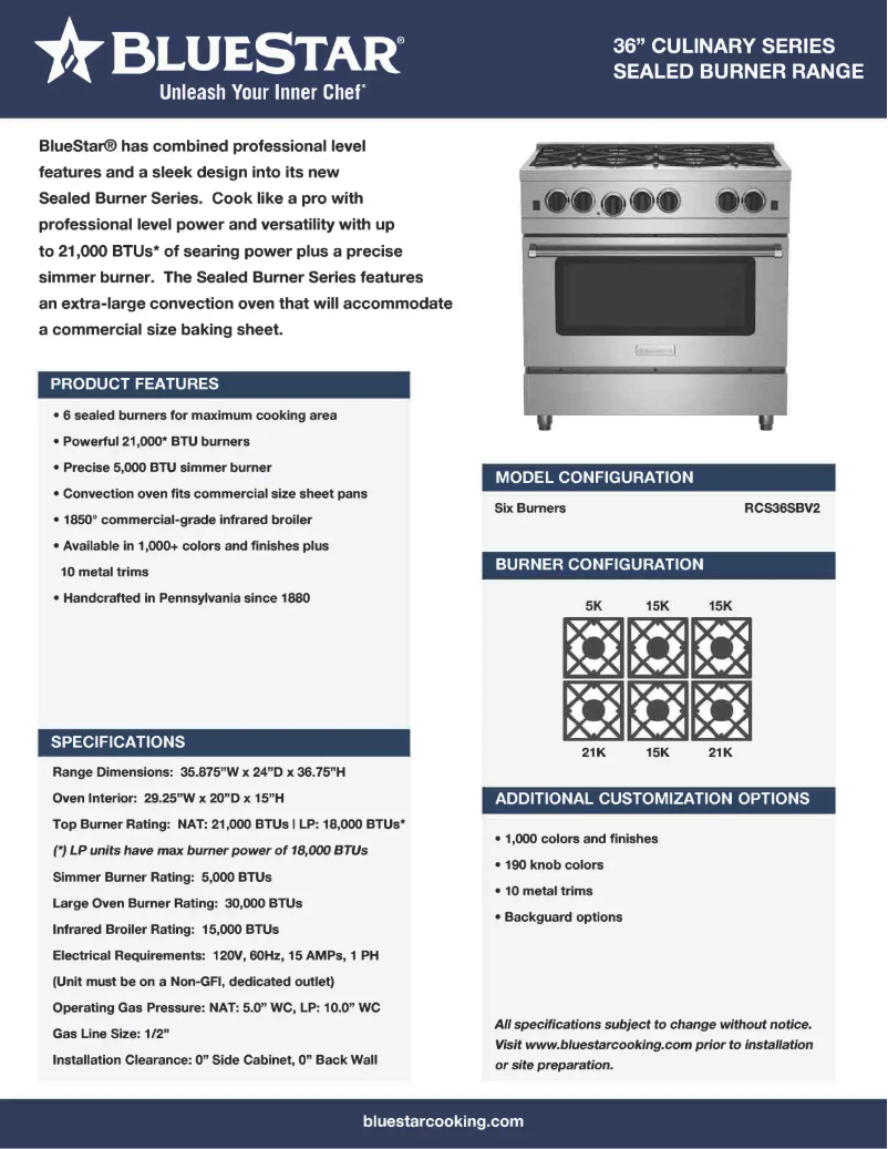 Page 1 de la notice Fiche technique BlueStar RCS36SBV2C-5013