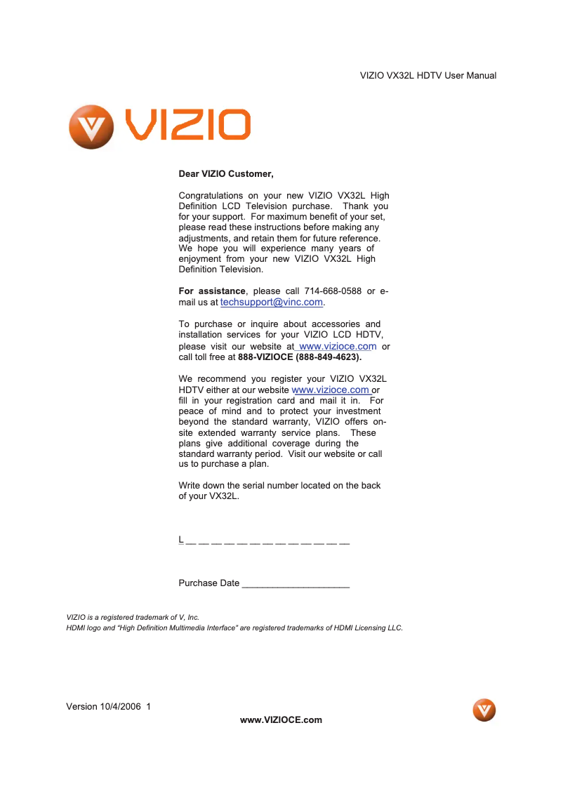 Page 1 de la notice Manuel utilisateur VIZIO VX32L