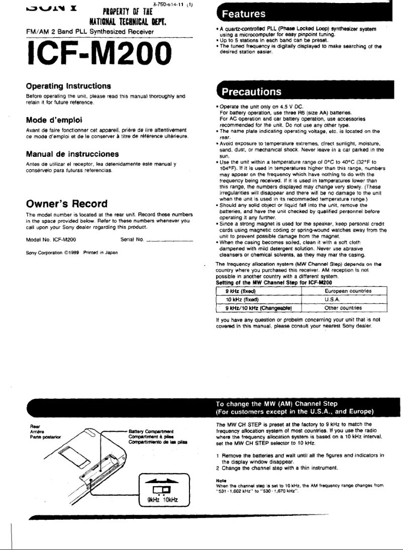 Page 1 de la notice Manuel utilisateur Sony ICF-M200