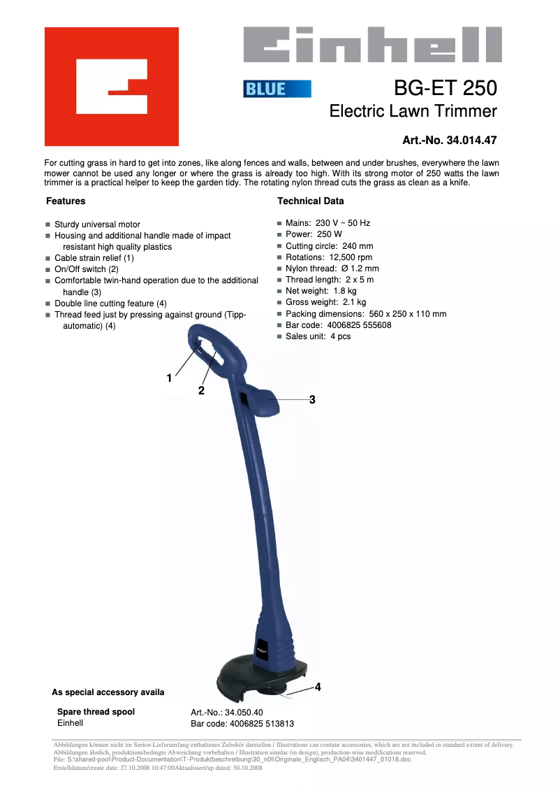 Page n°1 - Manuel utilisateur Einhell BG-ET 250