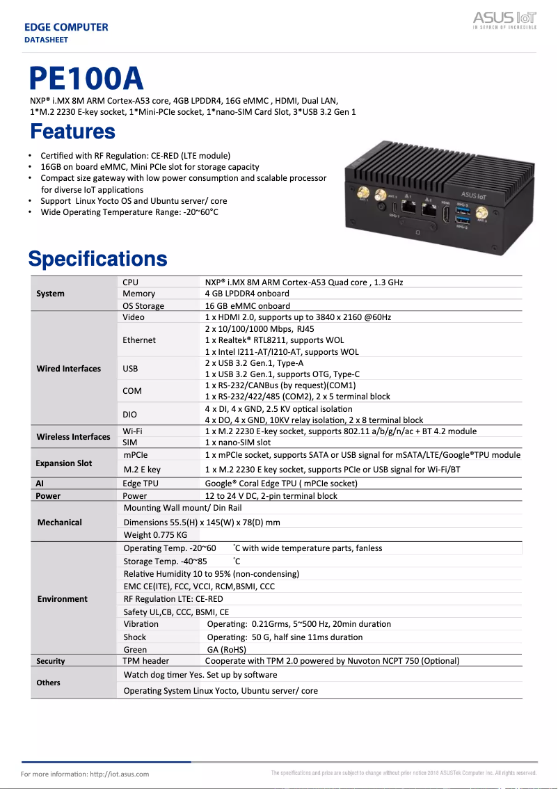 Page 1 de la notice Fiche technique Asus PE100A