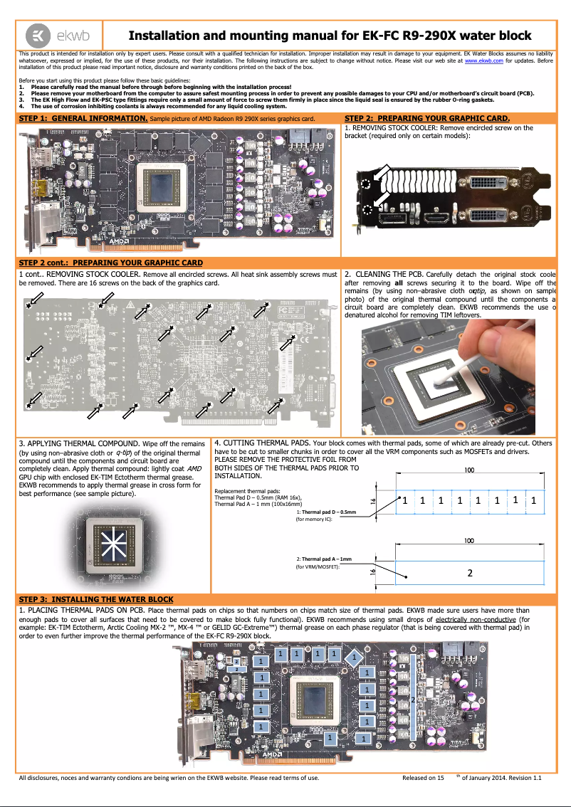 Page 1 de la notice Manuel utilisateur EK Water Blocks EK-FC R9-290X - Acetal+Nickel 2.0