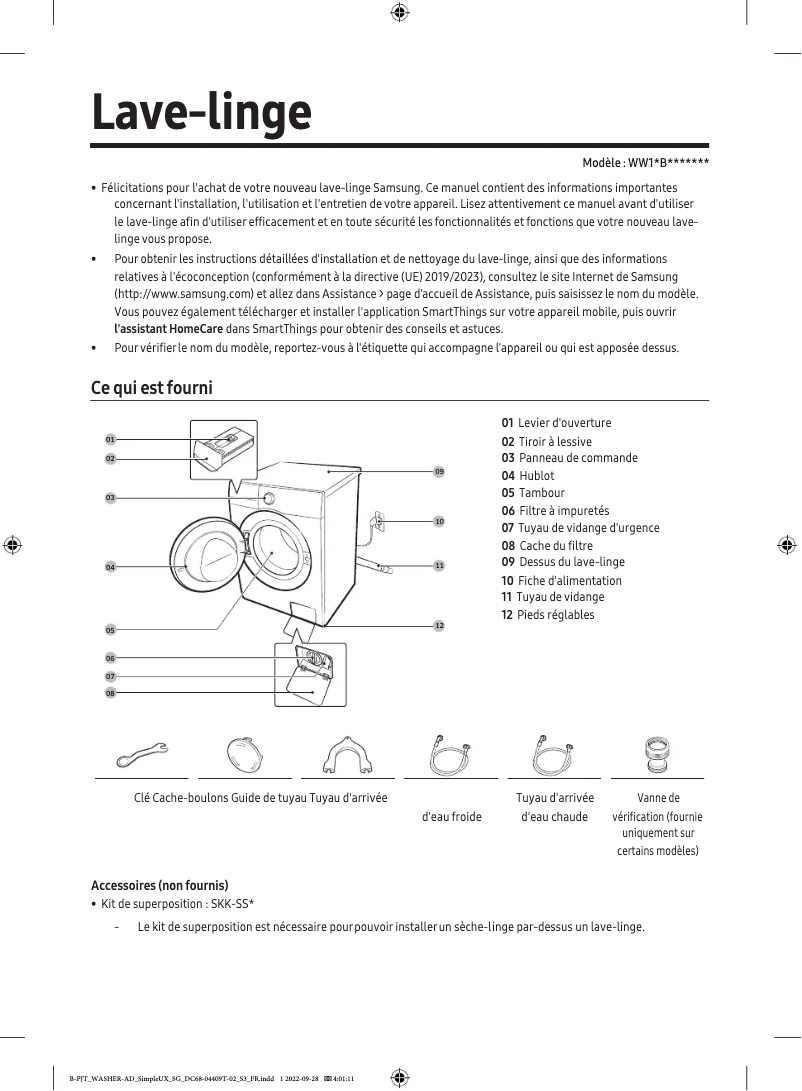Page 1 de la notice Manuel utilisateur Samsung WW11BB534DTW