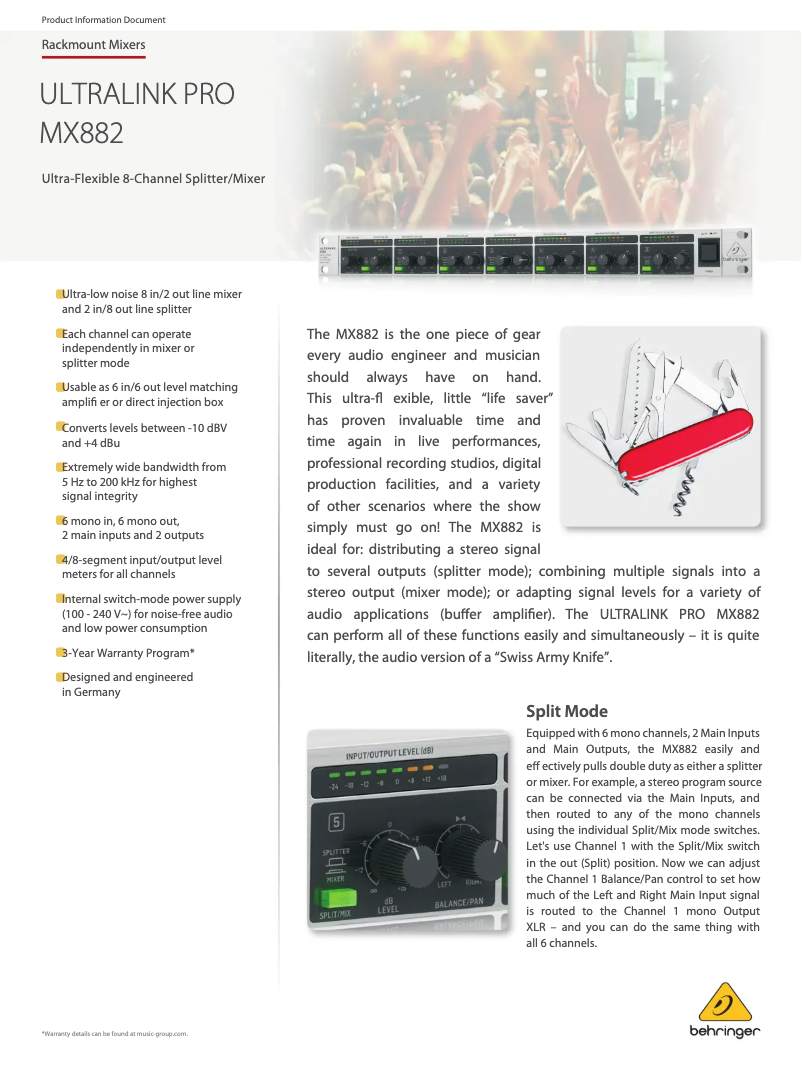 Page 1 of the manual Technical Sheet Behringer Ultralink Pro MX882