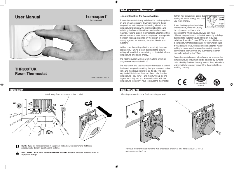 Page 1 de la notice Manuel utilisateur Honeywell Homexpert THR830TUK