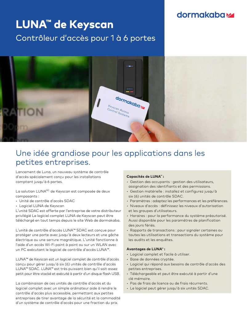 Page 1 de la notice Manuel utilisateur Dormakaba Keyscan LUNA
