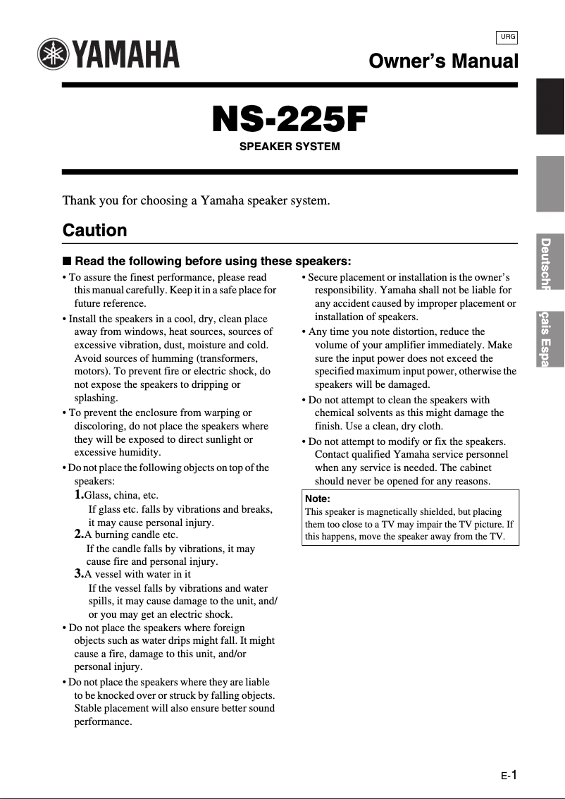 Page 1 de la notice Manuel utilisateur Yamaha NS-225F