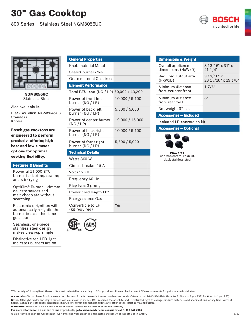 Page 1 de la notice Fiche technique Bosch NGM8056UC