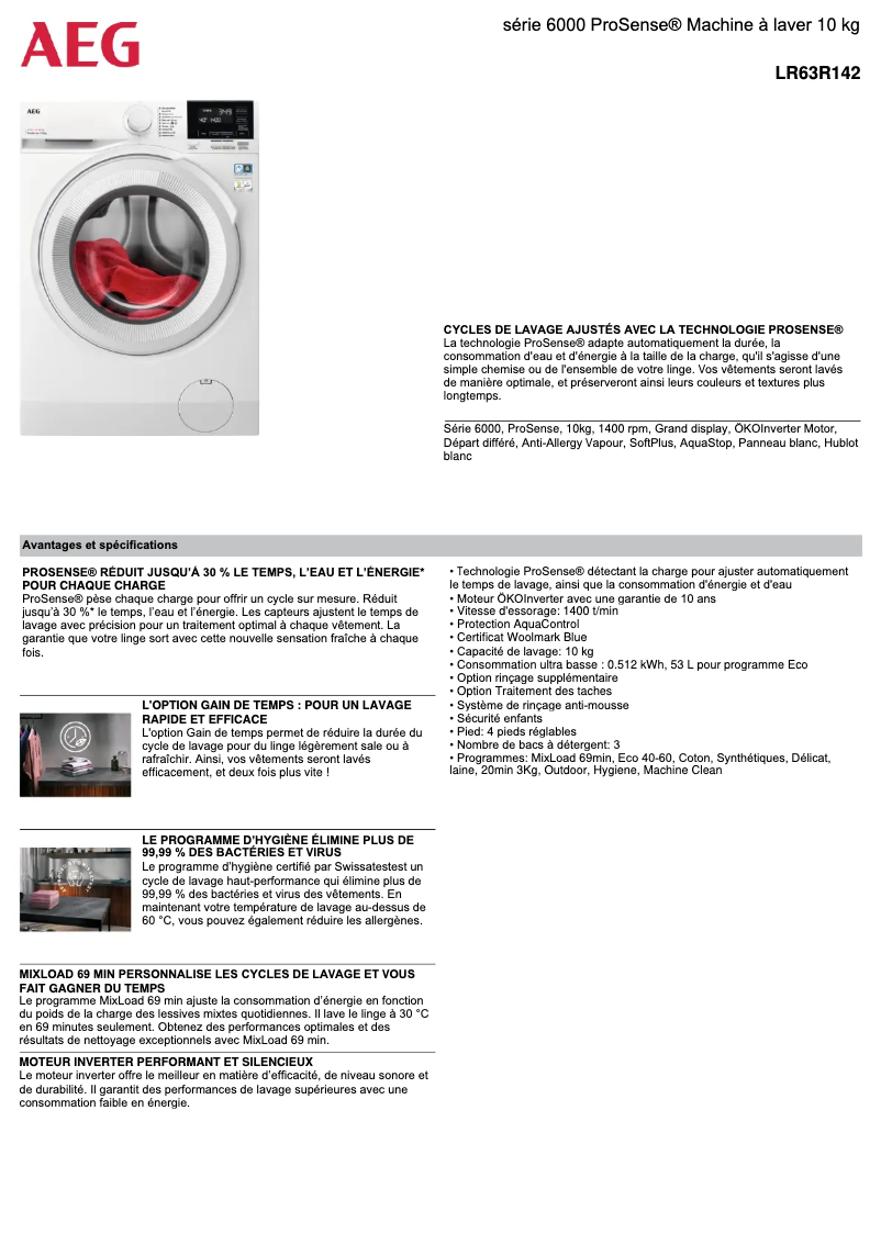 Page n°1 - Fiche technique AEG LR63R142