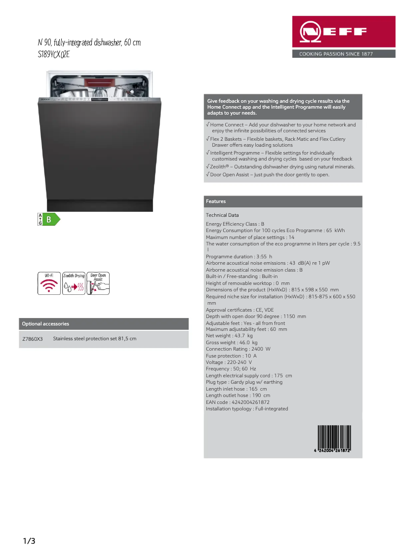Page n°1 - Fiche technique Neff S189YCX02E