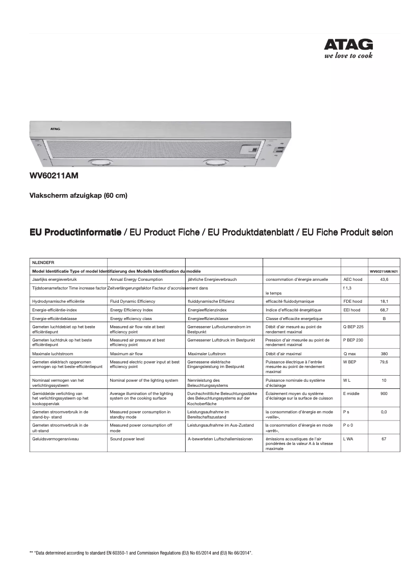 Page 1 de la notice Fiche technique Atag WV60211AM