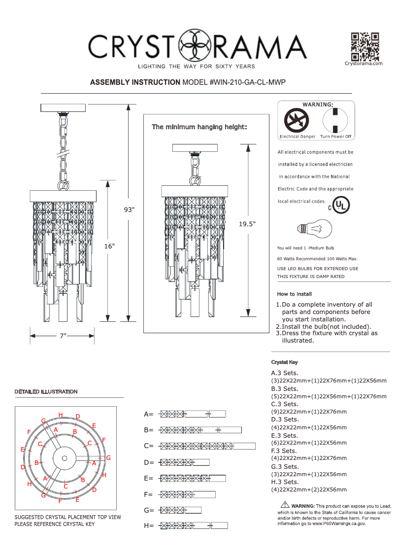 Page 1 de la notice Manuel utilisateur Crystorama Winfield WIN-210-GA-CL-MWP