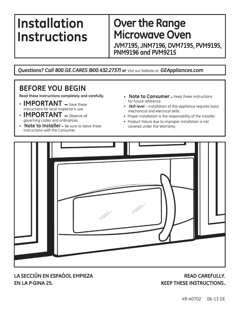 Page n°1 - Guide d'installation GE JVM7195RFSS