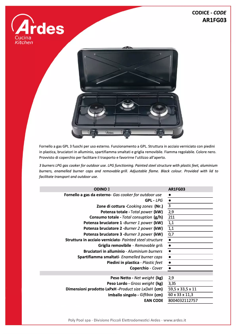 Página 1 del manual Ficha técnica Ardes AR1FG03