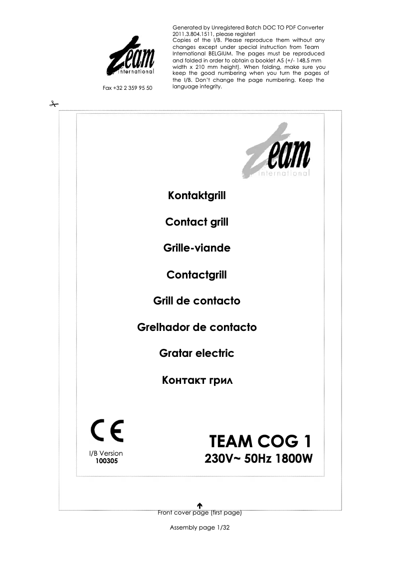 Page 1 de la notice Manuel utilisateur Team COG 1