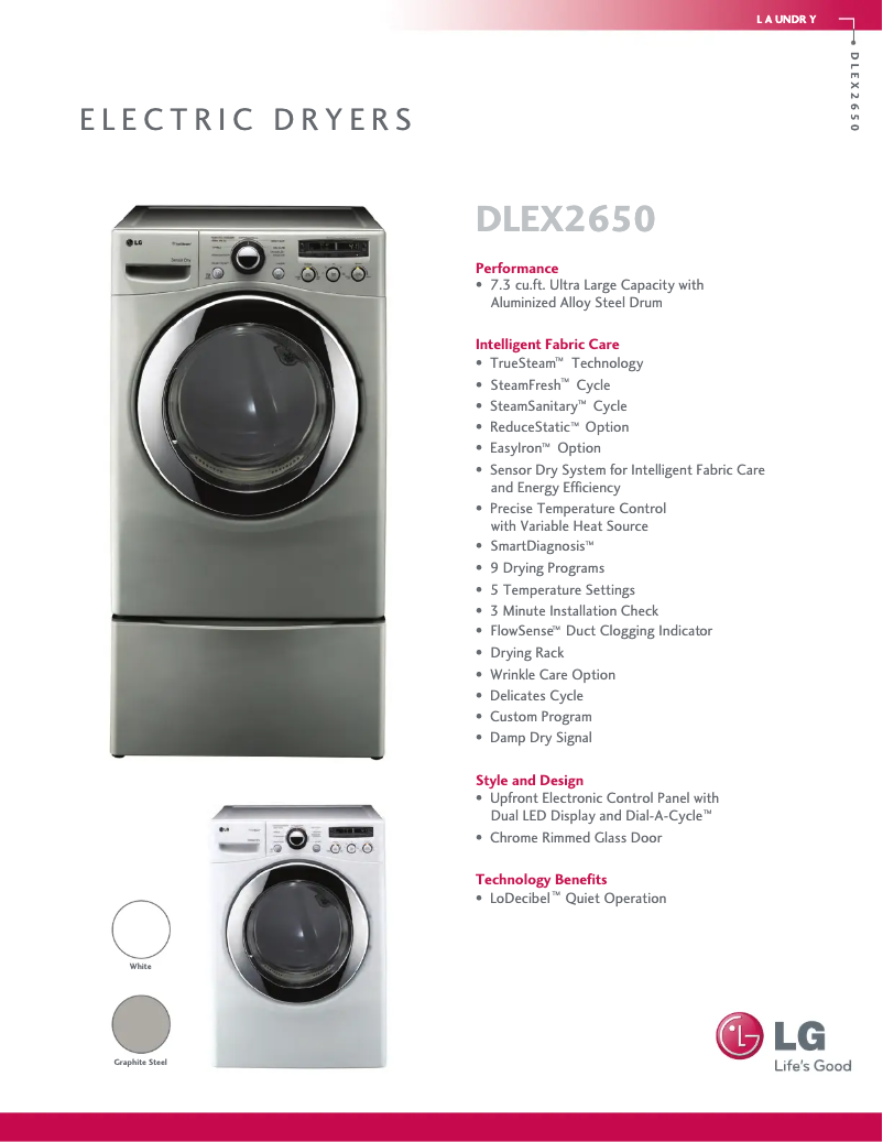 Page 1 de la notice Fiche technique LG DLEX2650V