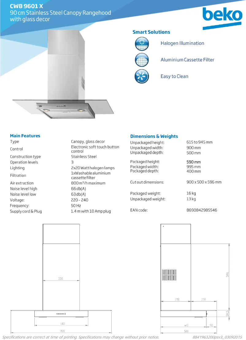 Page 1 of the manual Technical Sheet Beko CWB 9601 X