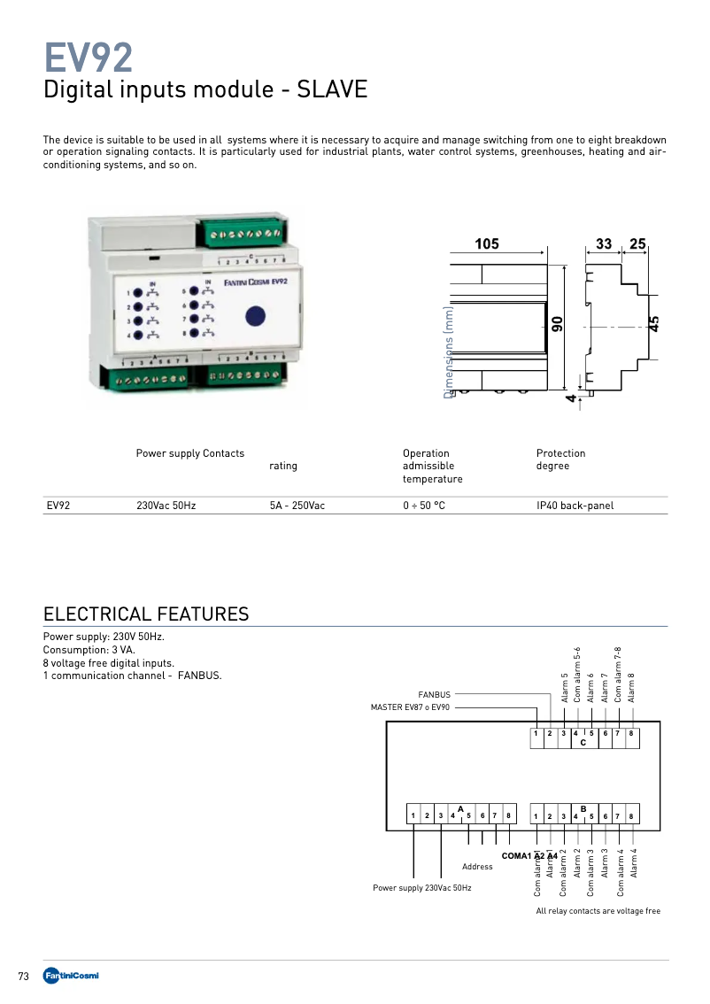Page 1 de la notice Fiche technique Fantini Cosmi EV92