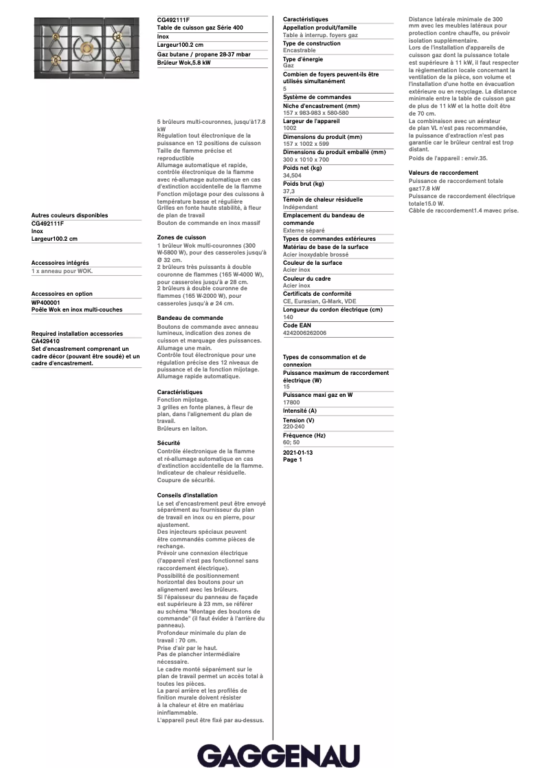 Page 1 de la notice Fiche technique Gaggenau CG492111F