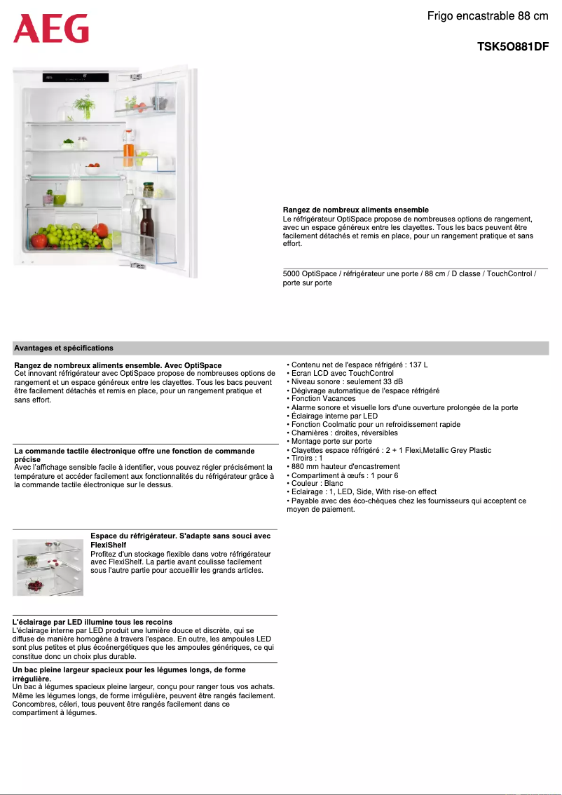 Page 1 de la notice Fiche technique AEG TSK5O881DF