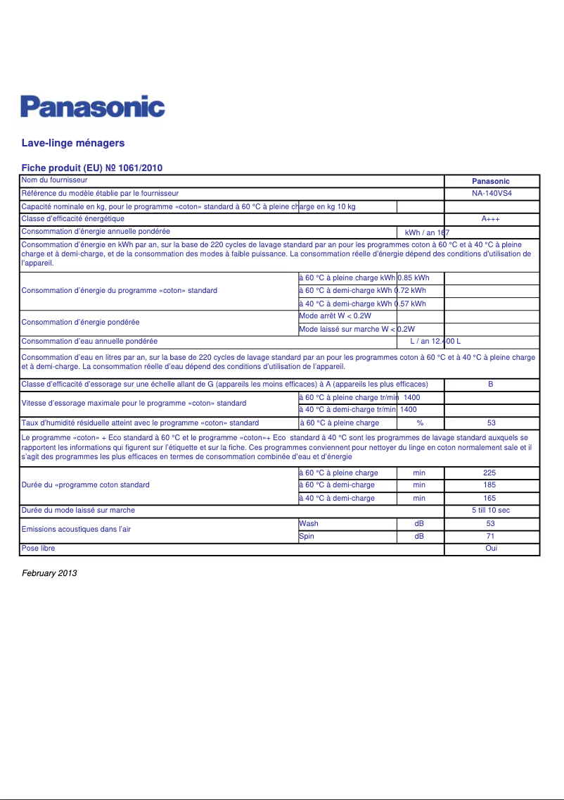 Page 1 de la notice Fiche technique Panasonic NA-140VS4
