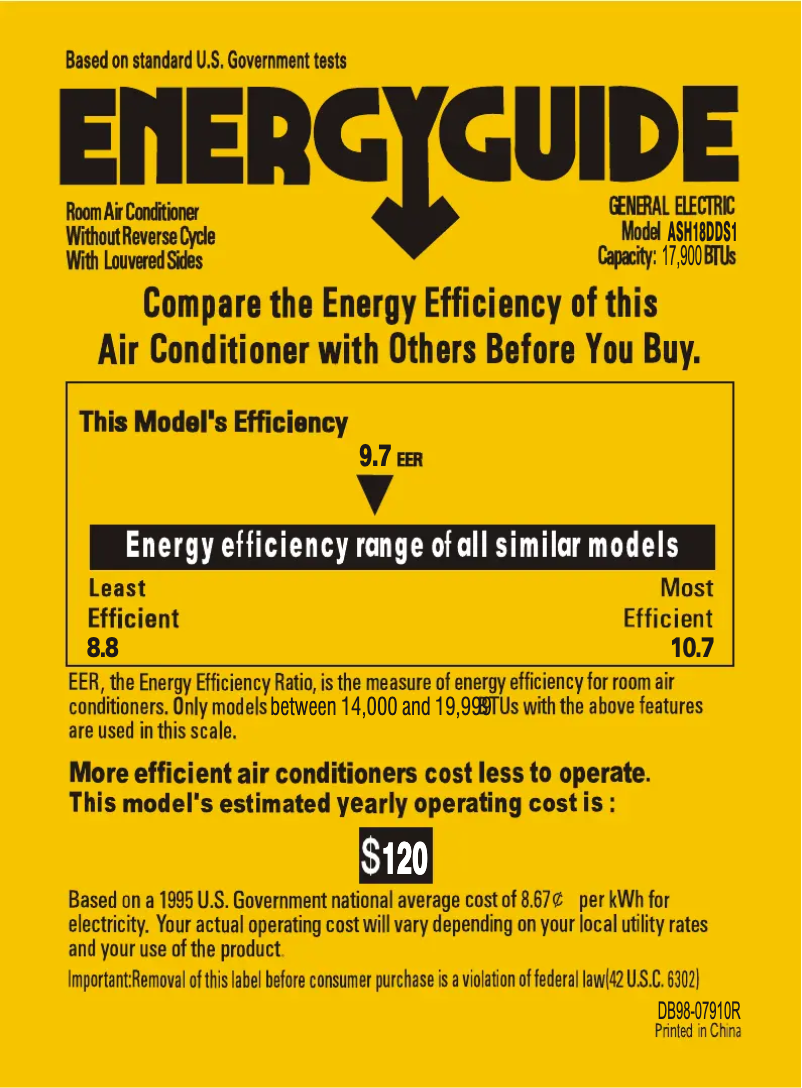Page 1 de la notice Label énergétique GE ASH18DD