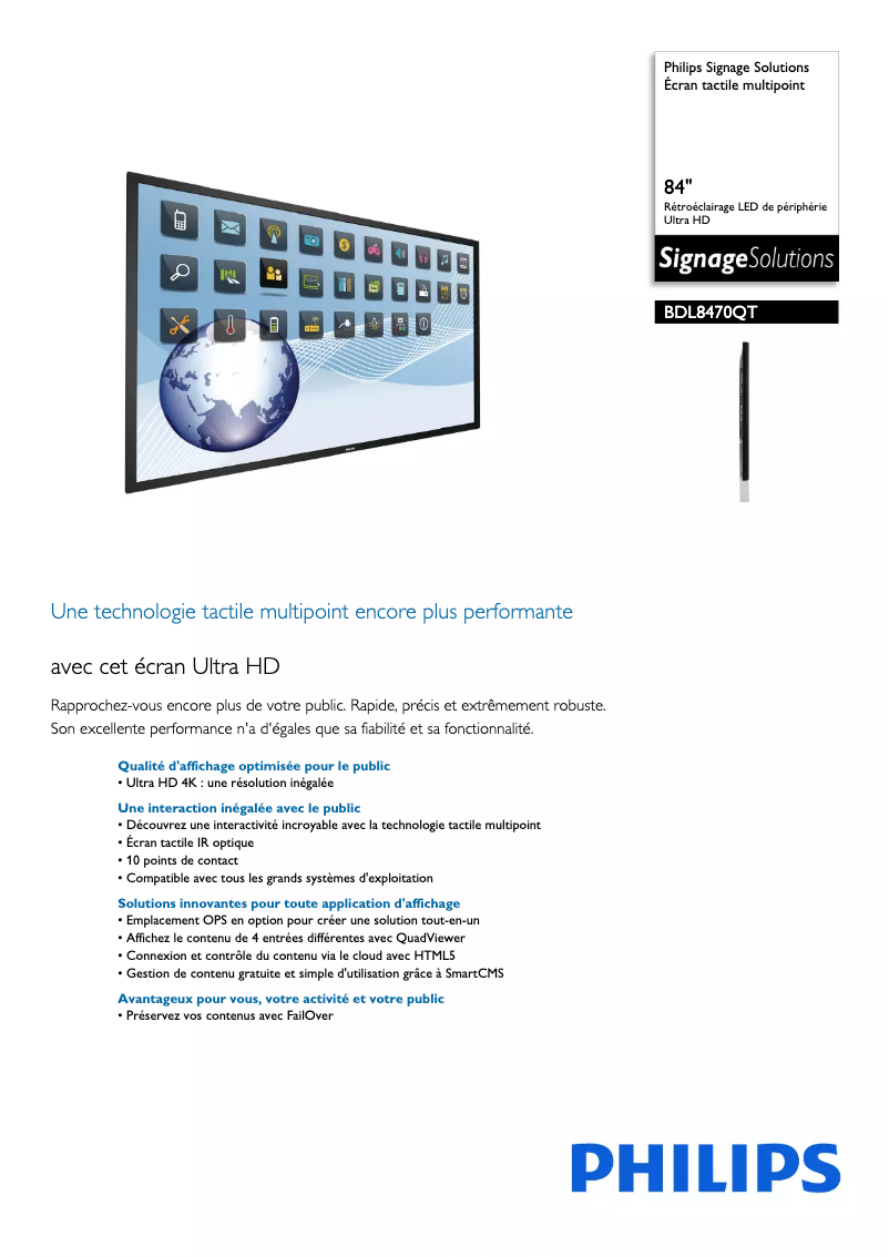 Page 1 de la notice Fiche technique Philips Signage Solutions BDL8470QT