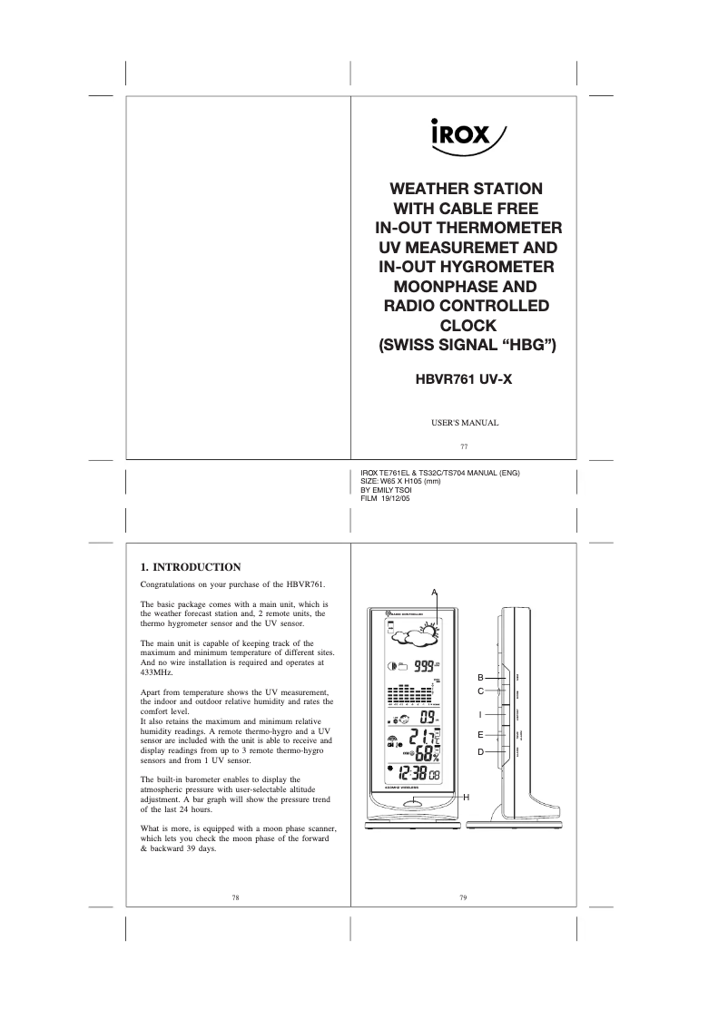 Page 1 de la notice Manuel utilisateur Irox HBVR761 UV-X