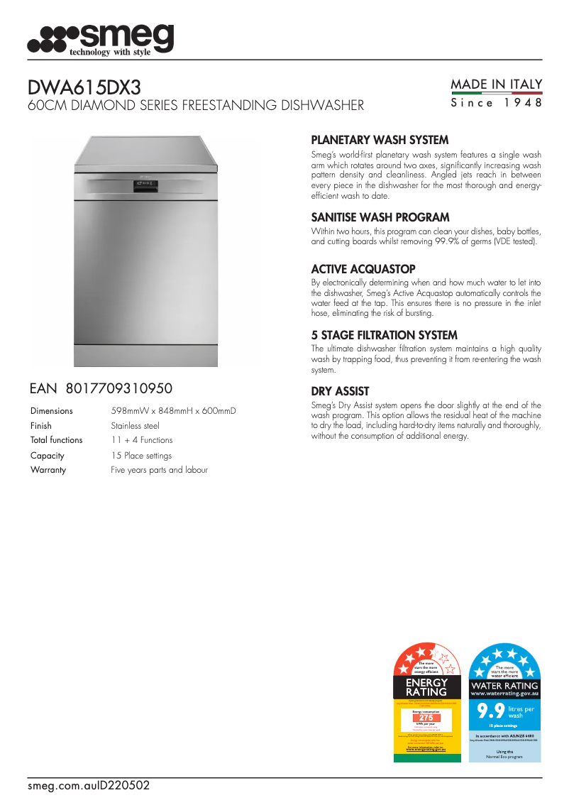 Page 1 de la notice Fiche technique Smeg DWA615DX3