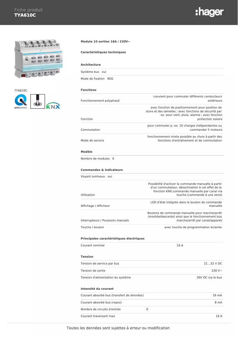 Page 1 de la notice Fiche technique Hager TYA610C