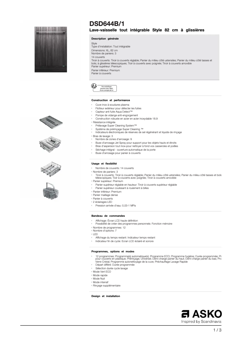 Page 1 de la notice Fiche technique Asko DSD644B/1