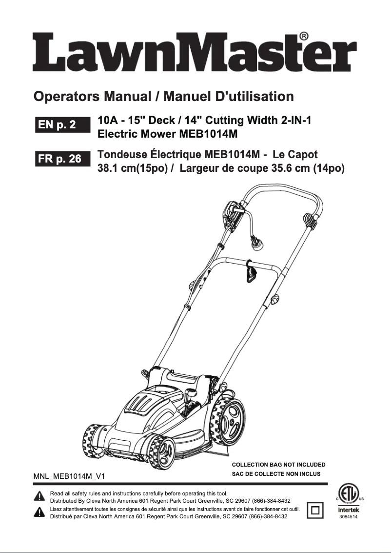 Page 1 de la notice Manuel utilisateur LawnMaster MEB1014M
