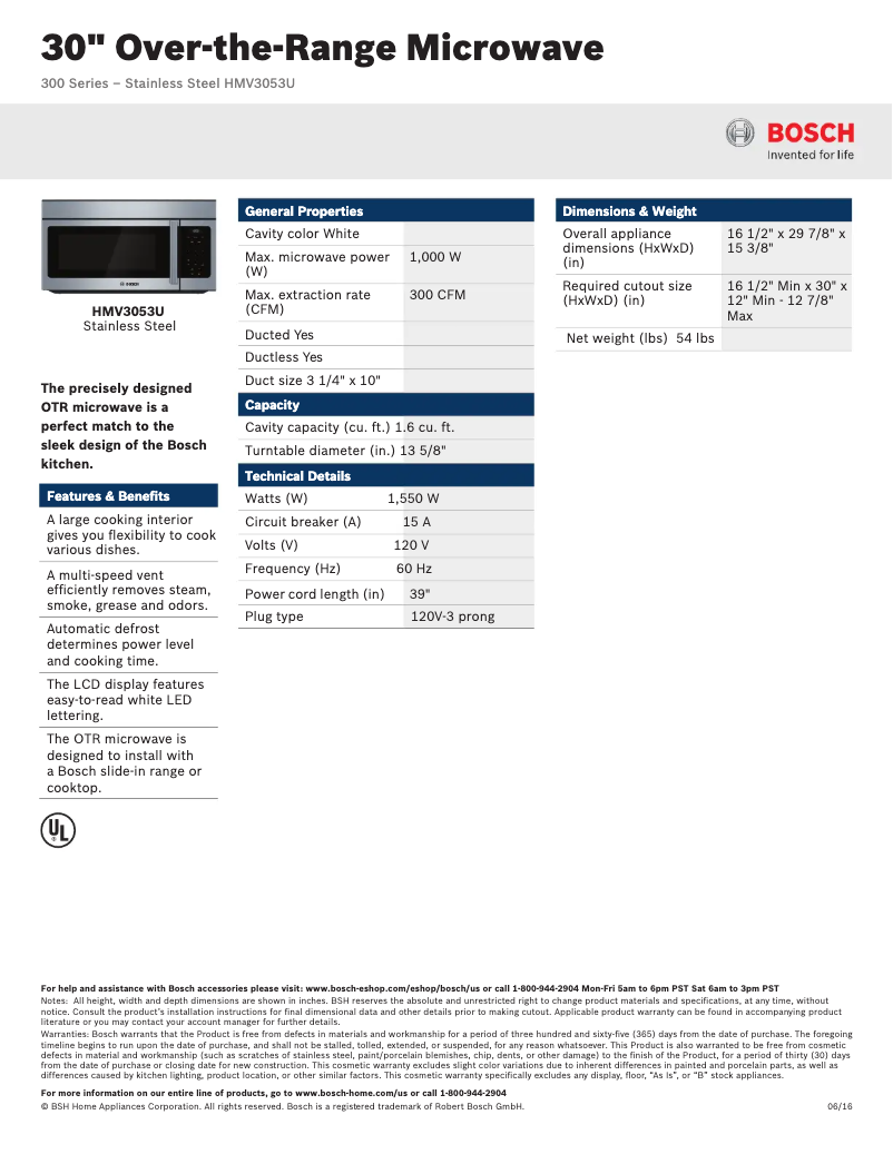 Page 1 of the manual Technical Sheet Bosch HMV3053U