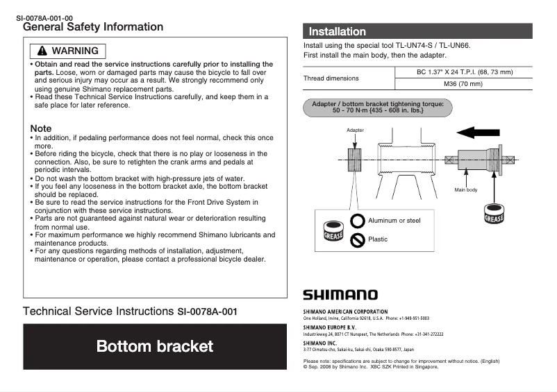 Page n°1 - Manuel utilisateur Shimano BB-UN26