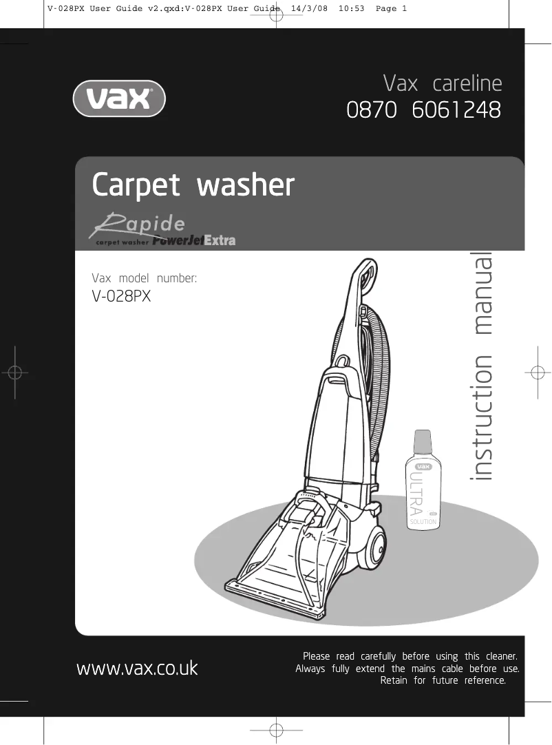 Page n°1 - Manuel utilisateur Vax Rapide Powerjet Xtra V-028PX