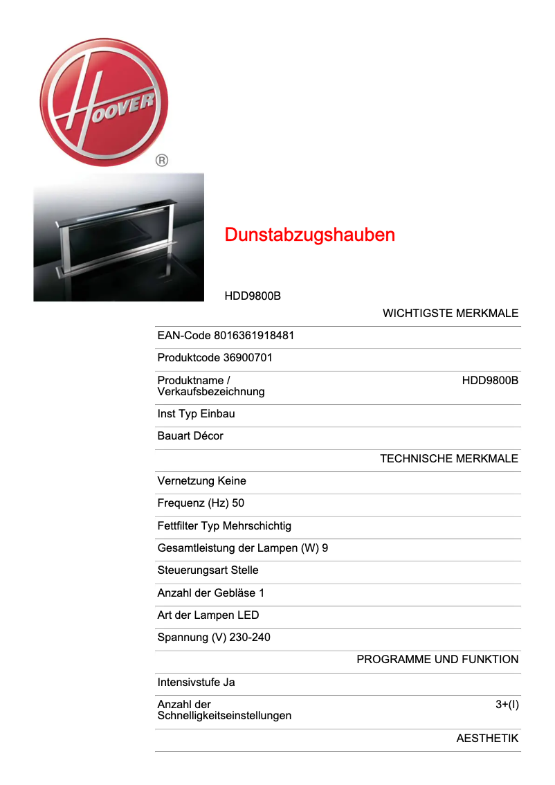 Page 1 de la notice Fiche technique Hoover HDD9800B