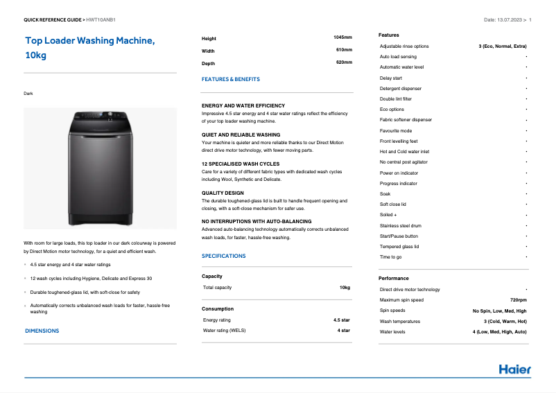 Image de la première page du manuel de l'appareil HWT10ANB1