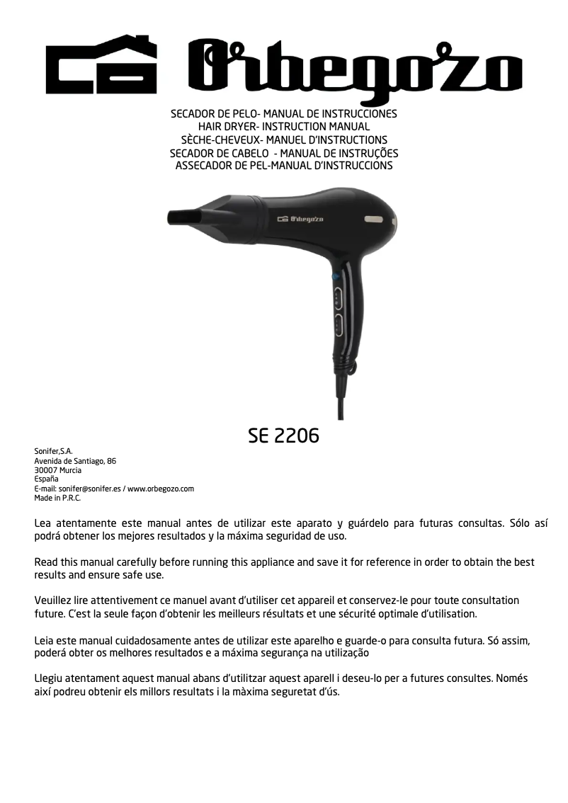 Page 1 de la notice Manuel utilisateur Orbegozo SE 2206