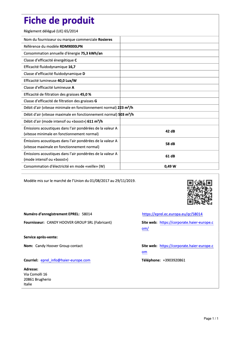 Page 1 de la notice Fiche technique Rosieres RDM 9000 LPN