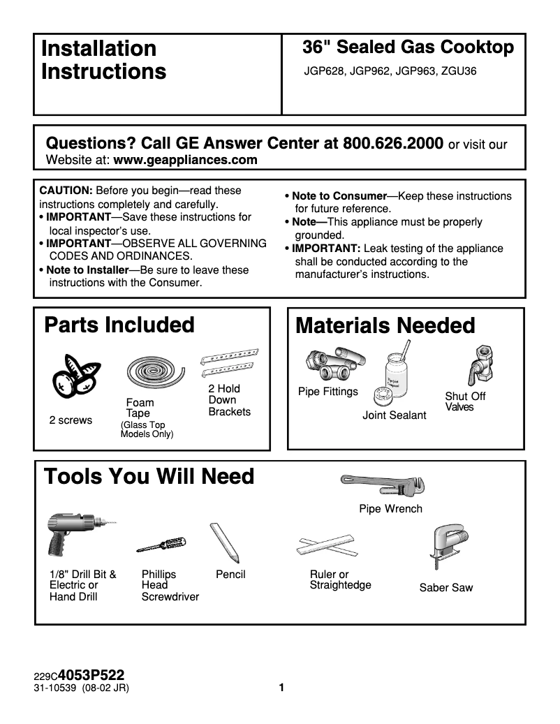 Page n°1 - Guide d'installation GE ZGU36L4RDSS
