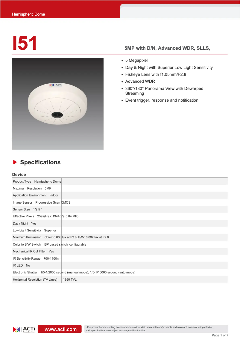 Page 1 de la notice Fiche technique ACTi I51