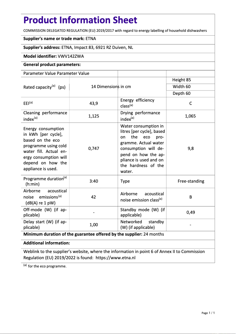 Page 1 de la notice Fiche technique Etna VWV142ZWA