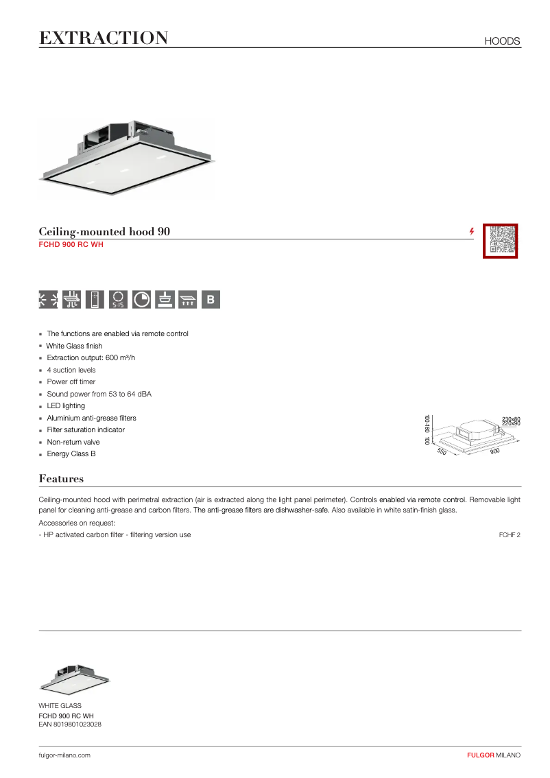 Page 1 de la notice Fiche technique Fulgor Milano FCHD 900 RC