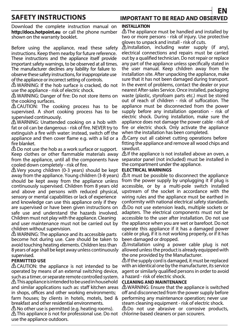 Page 1 de la notice Instructions / montage Hotpoint HR 651 C H