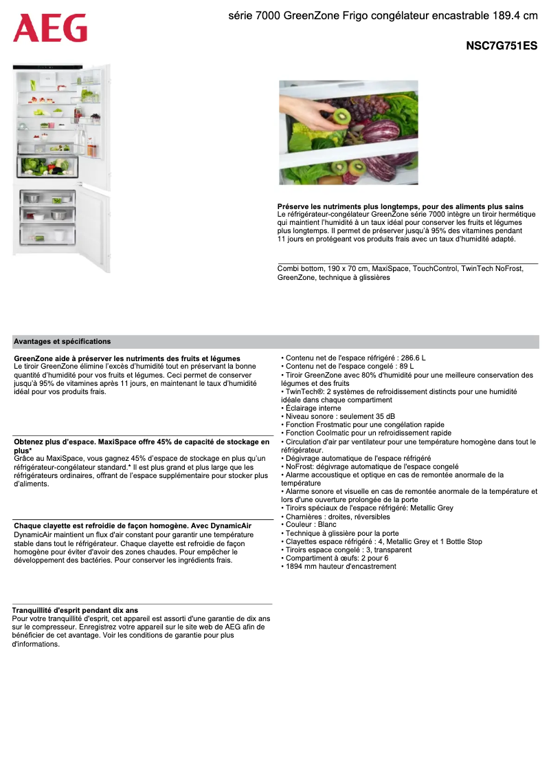 Página 1 del manual Ficha técnica AEG NSC7G751ES