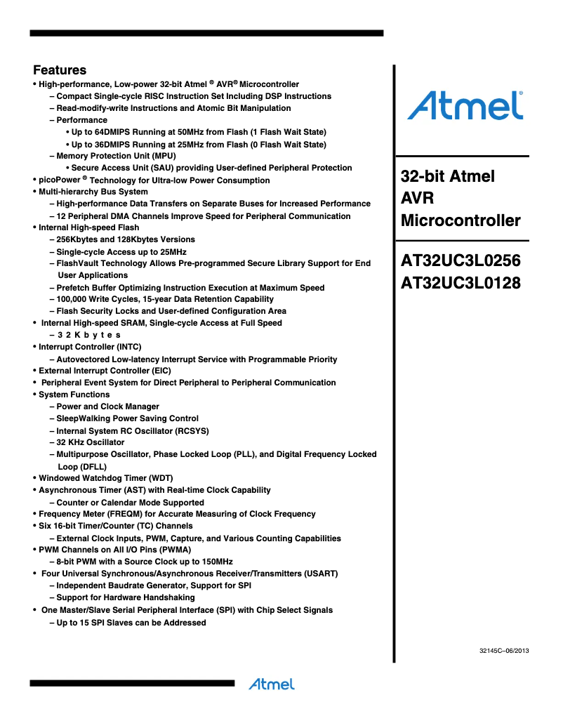 Página 1 del manual Ficha técnica Microchip AT32UC3L0256